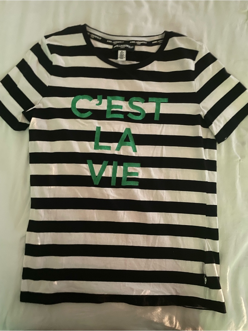 Karl Lagerfeld Black & White Striped Tee with Green 'C'EST LA VIE' Lettering